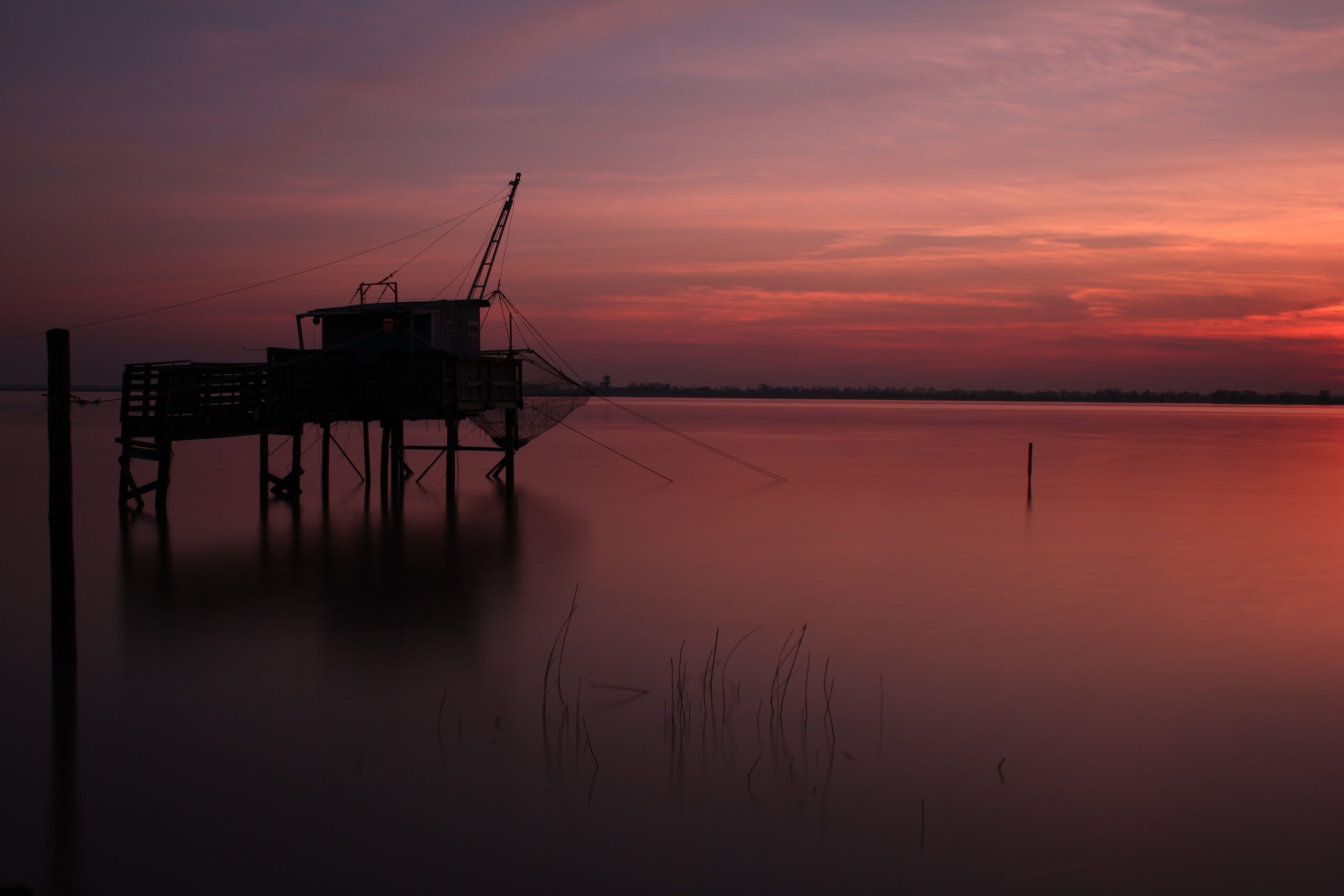 Carrelais estuaire de la Gironde - pose Longue - couché de soleil