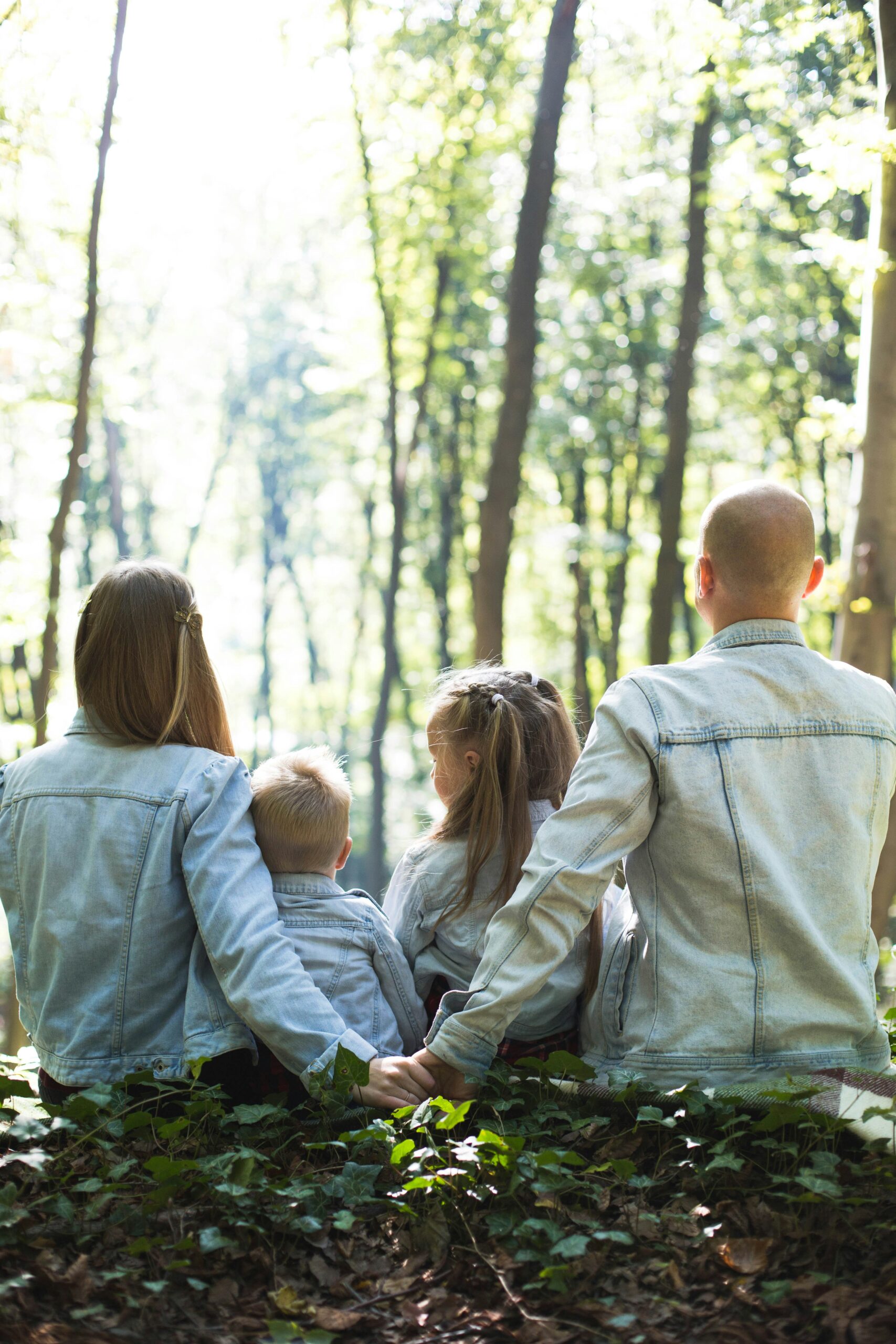 famille assise de dos dans la forêt